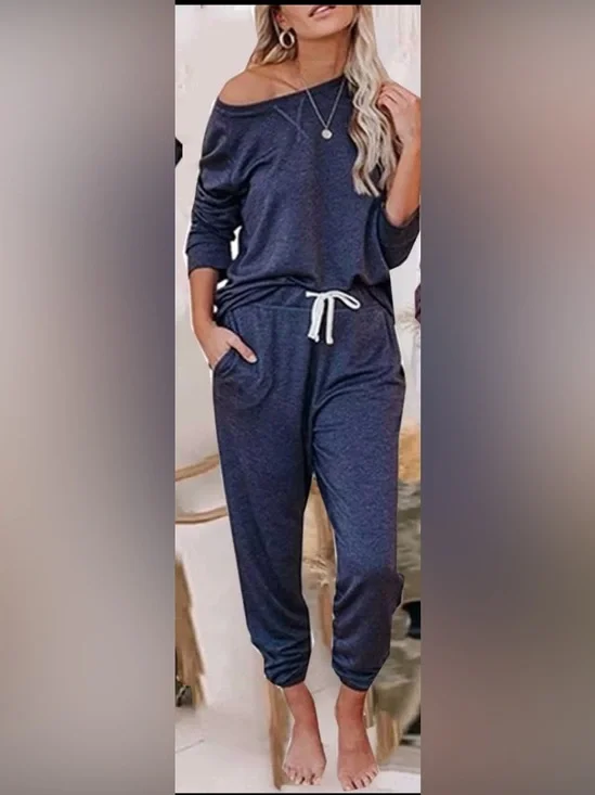 Leo Rosi Blue Lounge Set Small NWT Off Shoulder Jogger Set Pockets - Picture 2 of 3